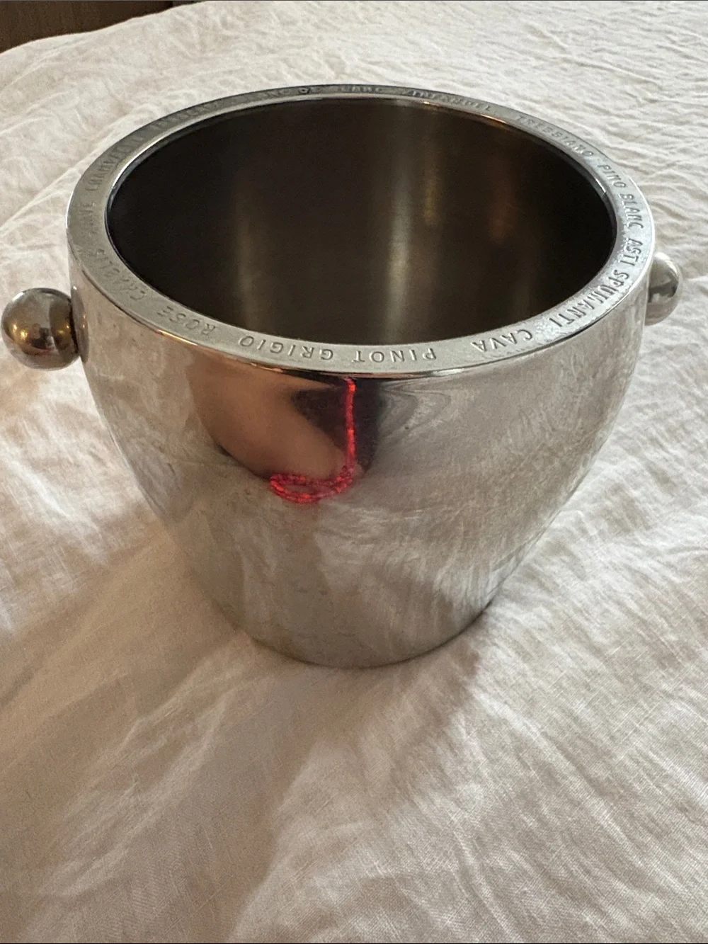 Williams Sonoma must stainless steel ice bucket. Names of wines around Rim.